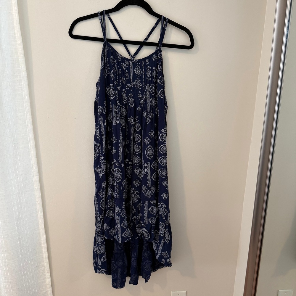 True Craft Navy Blue White Paisley High Low Smocked Sundress XS RN 31104